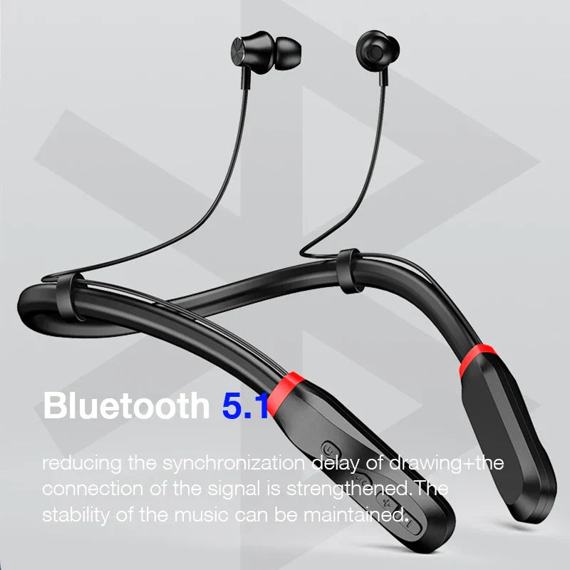 Black neckband wireless headphones with red accents featuring bluetooth earphone bass and mic sport music for active use