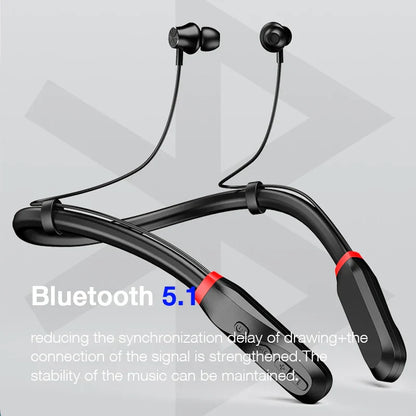 Black neckband wireless headphones with red accents featuring bluetooth earphone bass and mic sport music for active use