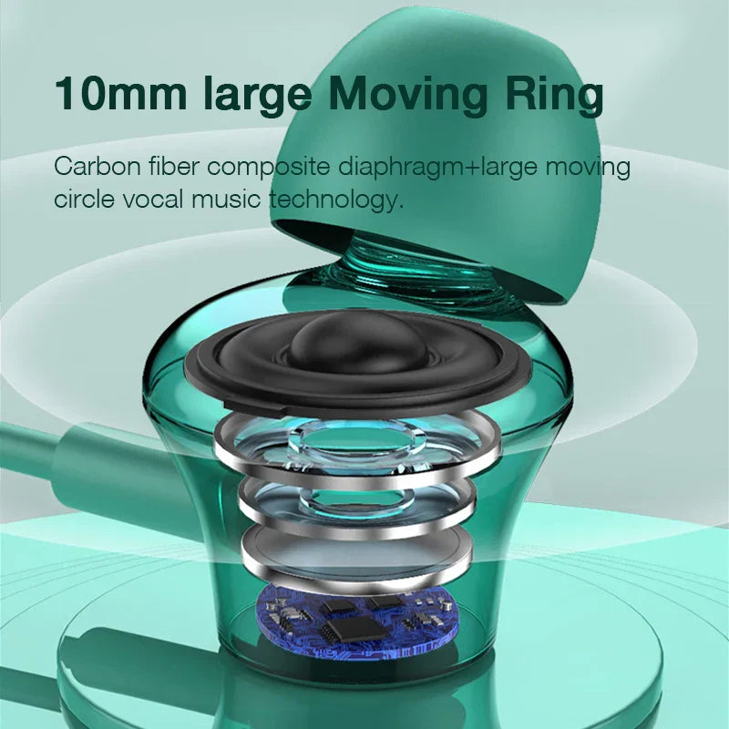 Teal eardeco bluetooth earphone bass with transparent casing showing carbon fiber diaphragm and large moving ring for sport music