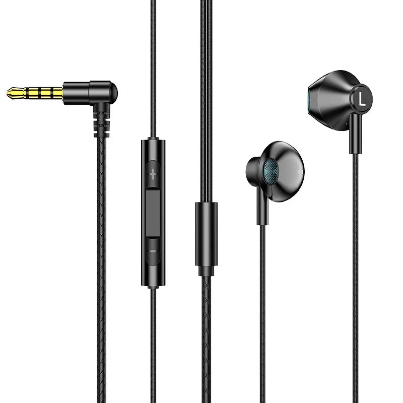 Black eardeco wired headphones bass with mic stereo wire, angled 3.5mm jack, and durable braided cable for music phone earphone
