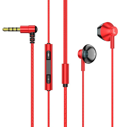 Red in-ear eardecco wired headphones bass with textured cable black accents and mic stereo wire for music phone earphone use