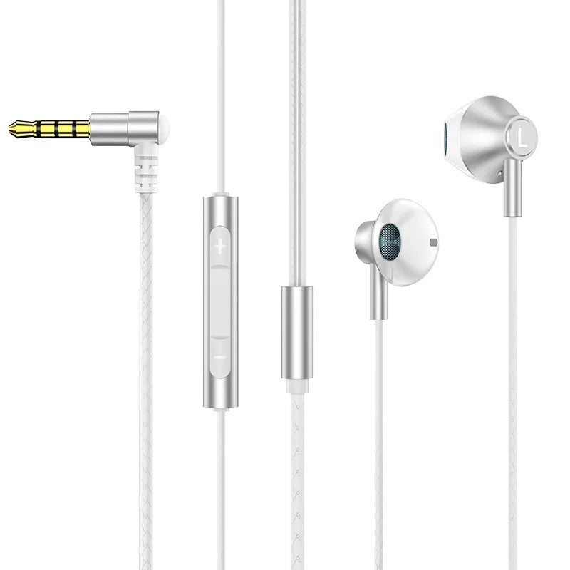 Silver and white eardeco wired headphones bass with metallic finish mic stereo wire for music phone earphone use