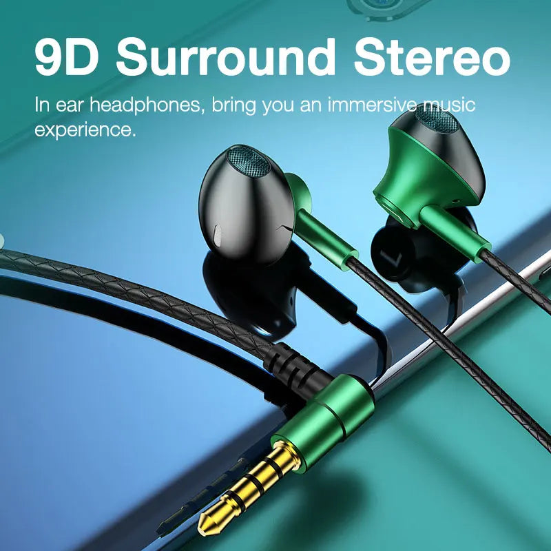 Green and black eardeco wired headphones bass with braided cable gold-plated jack and mic stereo wire for music phone earphone