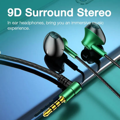 Green and black eardeco wired headphones bass with braided cable gold-plated jack and mic stereo wire for music phone earphone