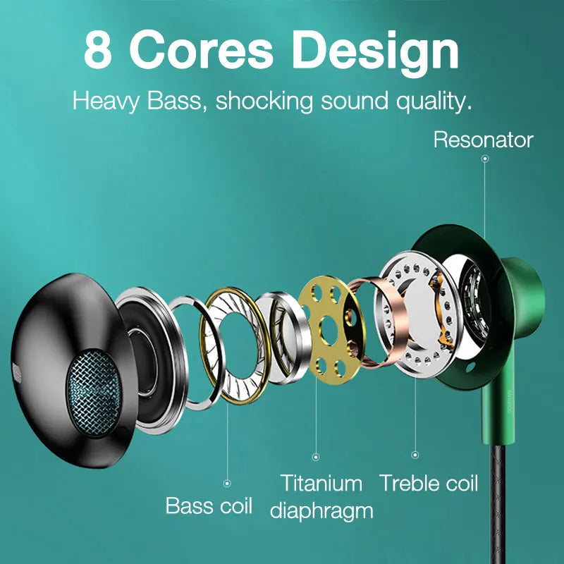 Eardeco green wired headphones bass with 8 cores titanium diaphragm mic stereo wire music phone earphone