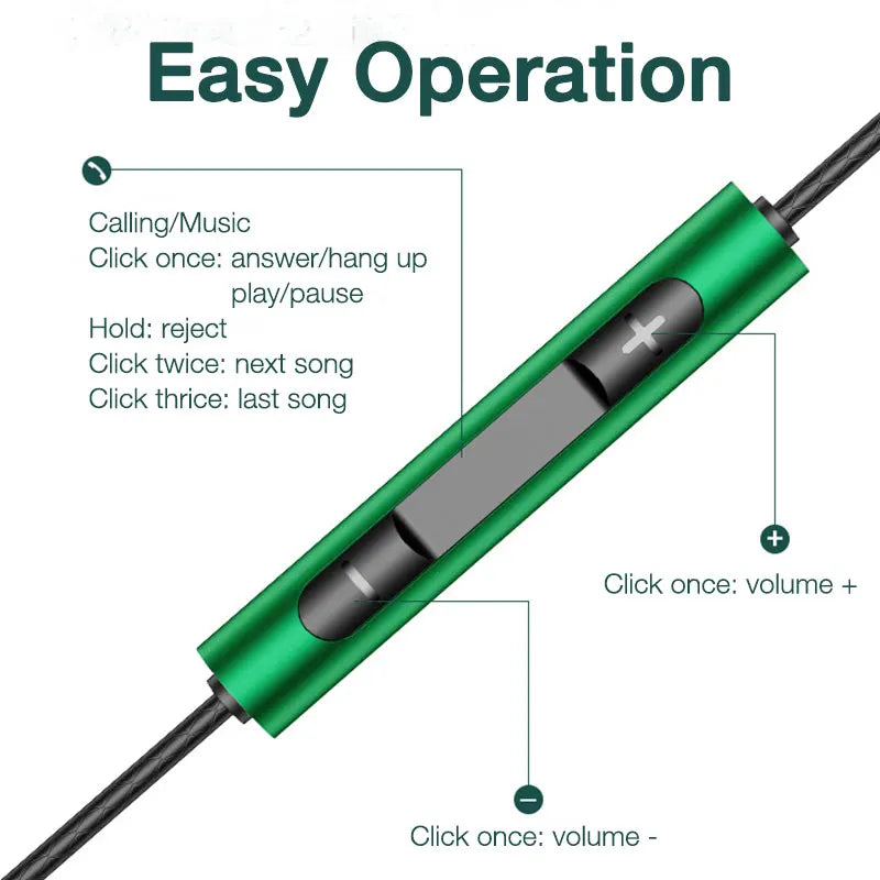 Green metallic inline audio controller with black buttons and volume controls for eardeco wired headphones bass mic stereo wire