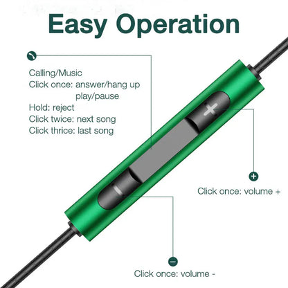 Green metallic inline audio controller with black buttons and volume controls for eardeco wired headphones bass mic stereo wire