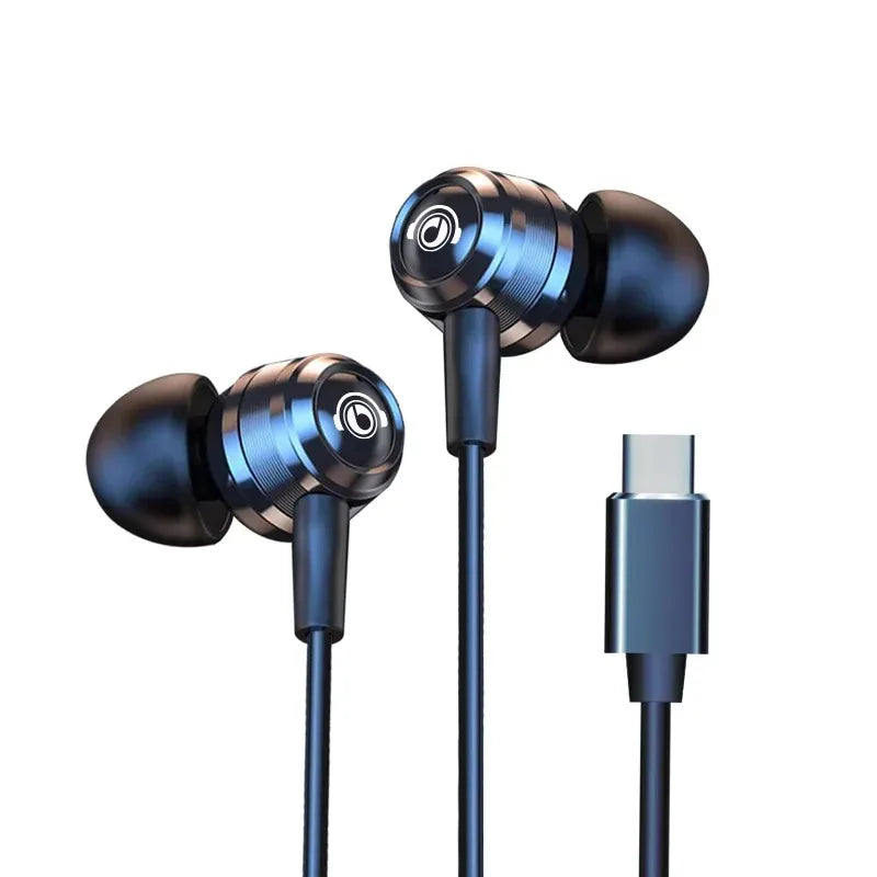 Blue metallic eardecco hifi wired headphones surround with black silicone tips and usb-c cable for wire noise reduction
