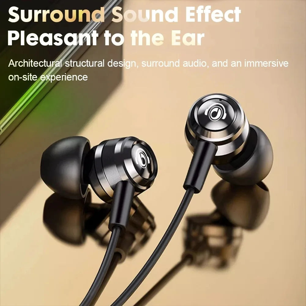 Black eardeco hifi wired headphones surround with wire noise reduction and metallic accent in-ear sound wired earphone