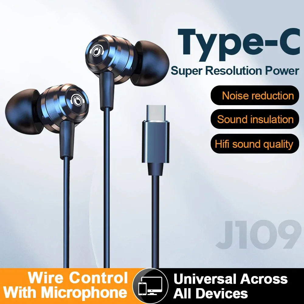Blue metallic eardeco hifi wired headphones surround with type c cable wire noise reduction and built-in microphone