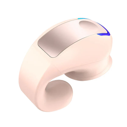A blush-pink silicone earphone clip wireless bluetooth headphone bone conduction headset with silver panel and blue led accents