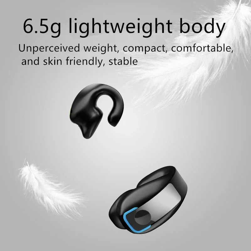 Black silicone earphone clip wireless bone conduction headset with sleek ergonomic design and blue accent lighting