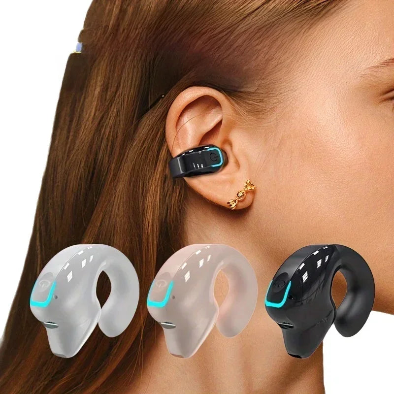 Black and translucent silicone earphone clip wireless bone conduction headset with glowing blue accent for sport use
