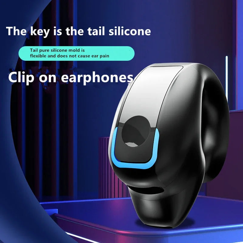 Black and blue earphone clip wireless bone conduction headset with flexible silicone tail for comfortable wear