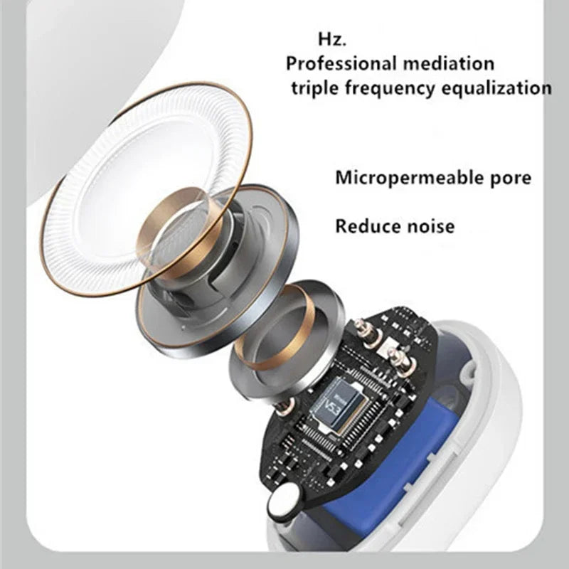 White and blue earphone clip wireless bone conduction headset with metallic gold accent and exposed internal circuit board