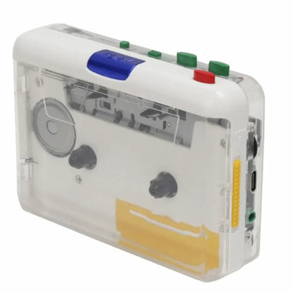 Clear plastic cassette player with colorful buttons and visible internal mechanism featuring 3.5mm aux input mp3 converter