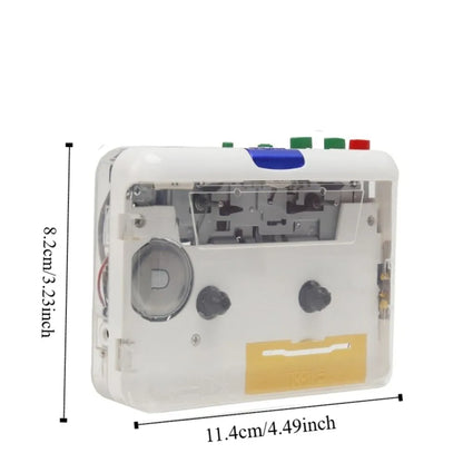 White plastic cassette player with transparent casing and blue top button featuring 3.5mm aux input mp3 converter