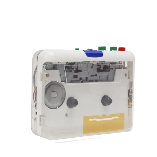 White plastic cassette player with transparent casing, colorful buttons, black knobs, and 3.5mm aux input mp3 converter