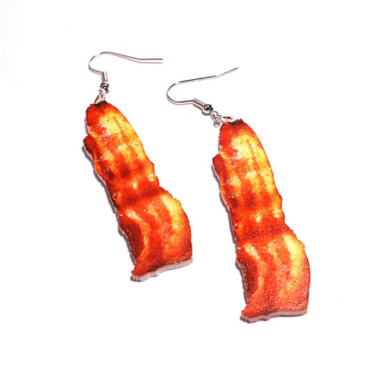 Crispy golden-brown bacon-shaped earrings with a glossy finish and silver fishhook clasps for women and girls