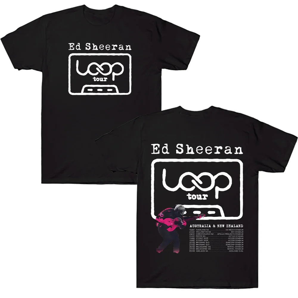 Black cotton ed sheeran loop tour t shirt with white graphic on front and back in loose unisex streetwear style y2k clothing