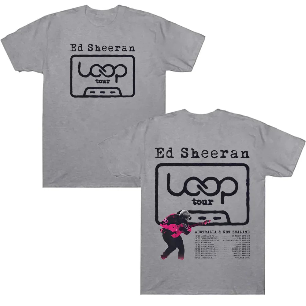 Gray cotton loose unisex streetwear t shirt with black sheeran loop tour graphic and australia new zealand dates
