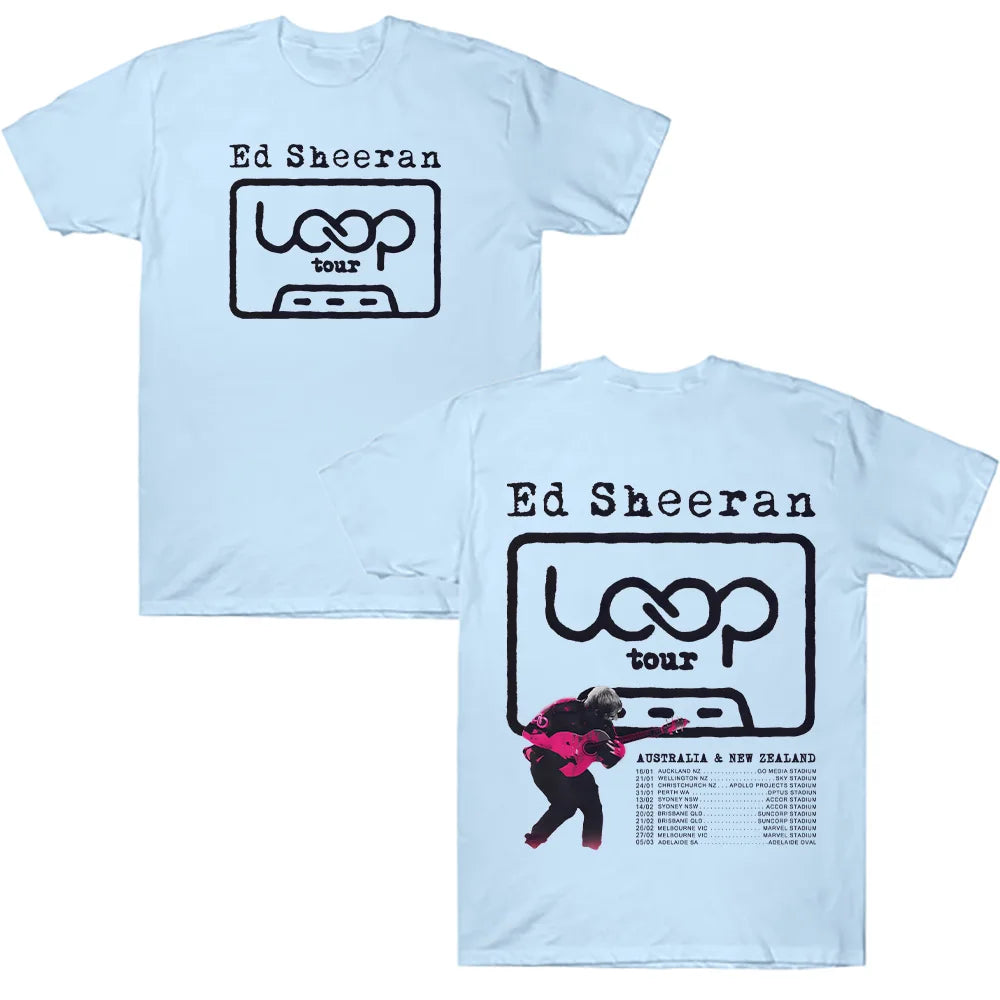 Light blue cotton ed sheeran loop tour t shirt with black graphic and tour dates on back loose unisex streetwear y2k
