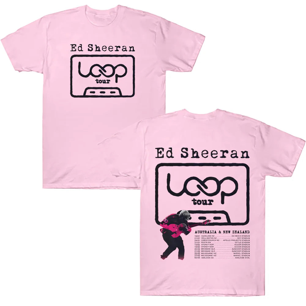 Pink cotton ed sheeran loop tour t shirt with black graphic and australia new zealand dates loose unisex streetwear y2k