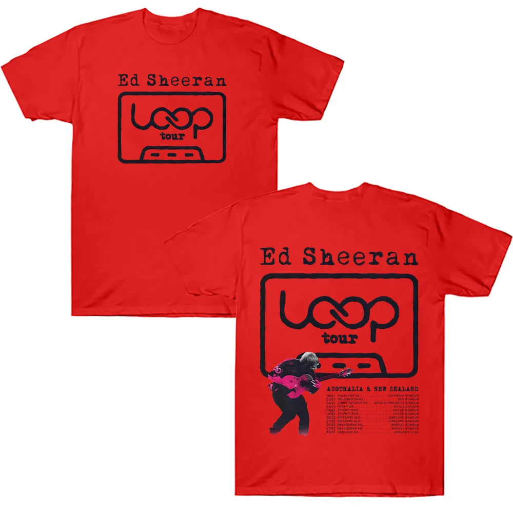 Red cotton t-shirt with black graphic sheeran loop tour design featuring artist silhouette in loose unisex streetwear y2k style