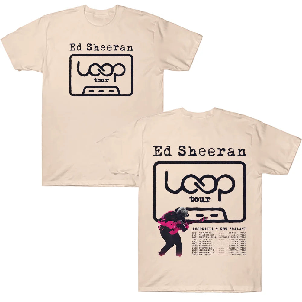 Beige cotton Ed Sheeran loop tour t shirt featuring black graphic and Australia New Zealand dates in loose unisex streetwear