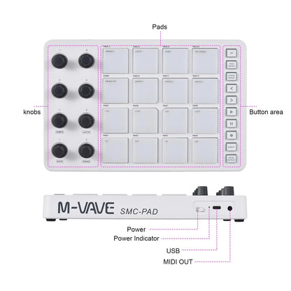 M-VAVE SMC-PAD, 16-Pad MIDI Controller,USB-C Interface， Portable Beat Maker & 3.5mm Output Interface