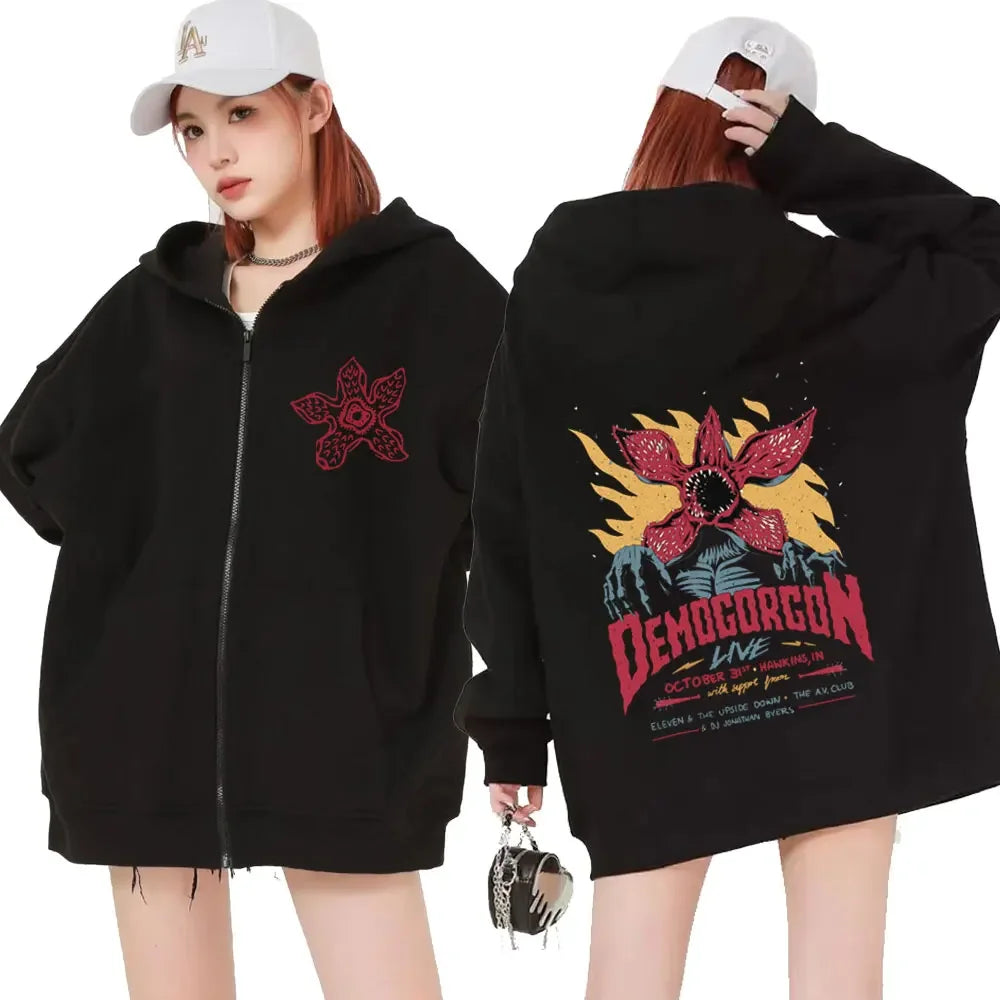 Black demogorgon zipper hoodie with red yellow graphic on back and women cannibal flower embroidery front chest hooded sweatshirt harajuku