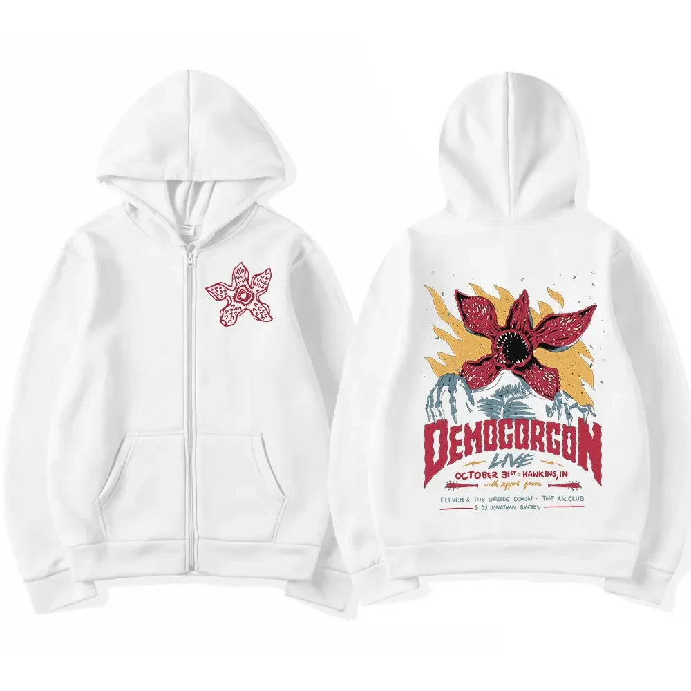 White demogorgon zipper hoodie featuring a red and black graphic on the back and smaller front design hooded sweatshirt harajuku