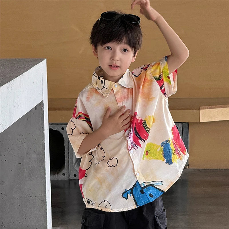 Hiphop Fashion Style Kids Boy Hip Hop Shirt with Drawings Baby Child Hiphop Rapper Dance Clothes Y2K Streetwear Clothes Tops