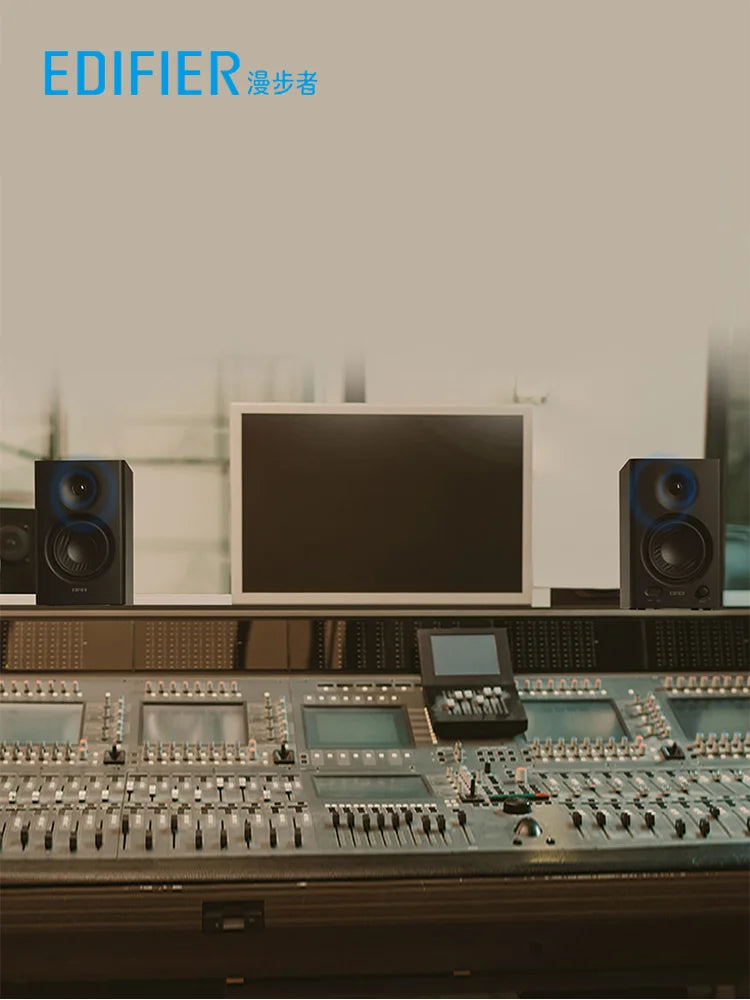 Edifier MR4 powerful studio monitor speakers with black cabinets and blue accents for deep bass home audio