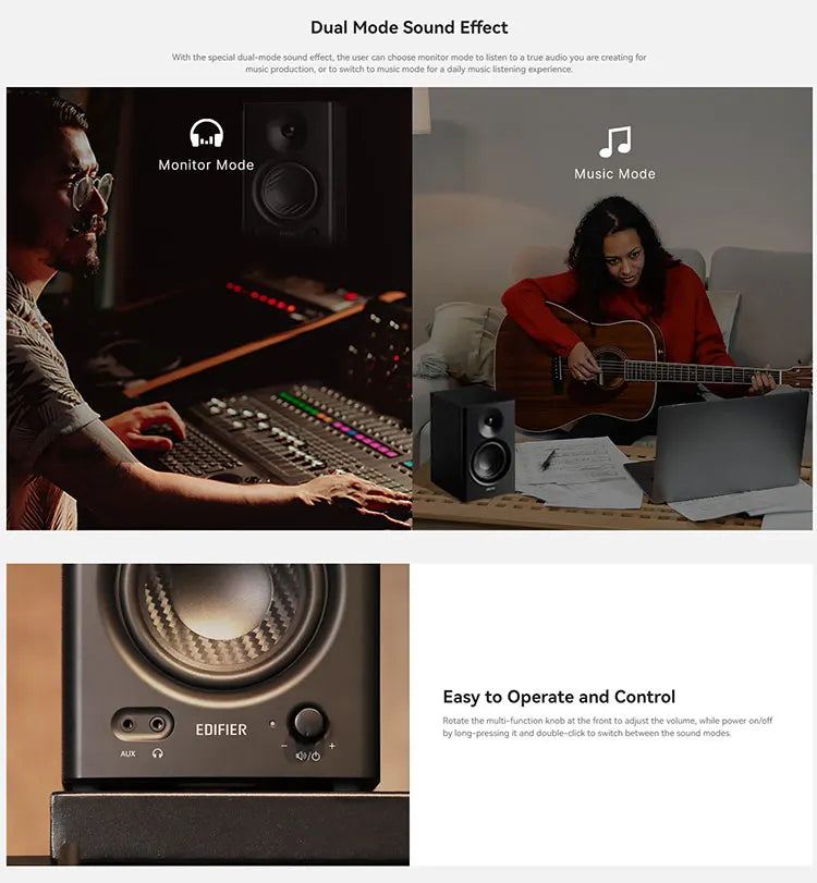 Black edifier mr4 powerful studio monitor speakers with matte finish and dual-mode sound for deep bass home audio
