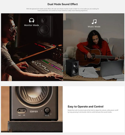 Black edifier mr4 powerful studio monitor speakers with matte finish and dual-mode sound for deep bass home audio