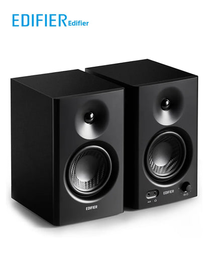 Black Edifier MR4 powerful studio monitor speakers with sleek rectangular design and dual drivers for deep bass home audio