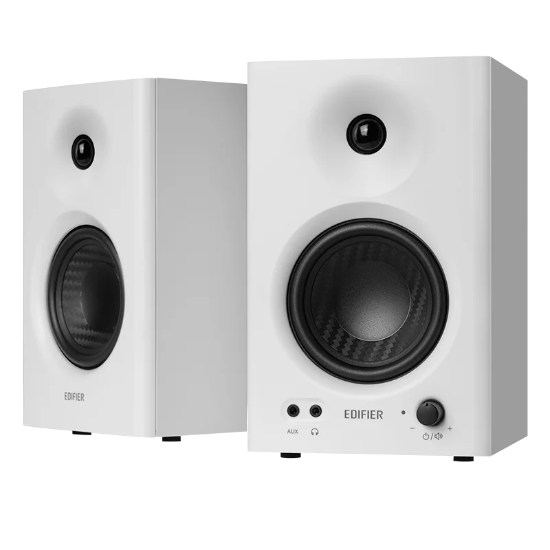 Edifier mr4 powerful white studio monitor speakers with black drivers for deep bass home audio system and high fidelity sound