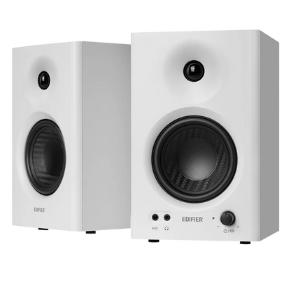 Edifier mr4 powerful white studio monitor speakers with black drivers for deep bass home audio system and high fidelity sound