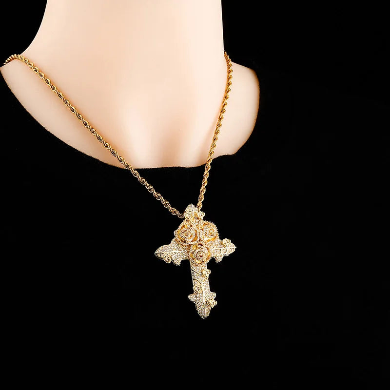 Hip Hop Micro Paved AAA Cubic Zirconia Bling Iced Out Flowers Cross Pendants Necklaces for Men Rapper Jewelry Drop Shipping