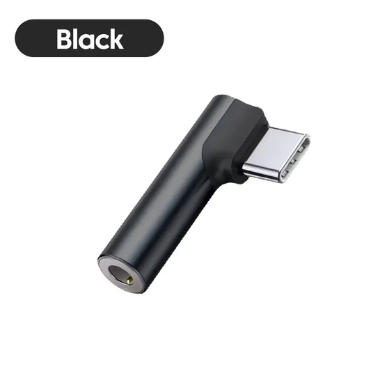 Black elbow type c to 3.5mm jack audio adapter with matte body and metallic ends supports voice calls usb for iphone samsung