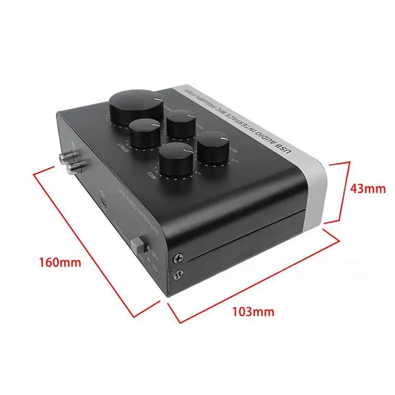 Black and silver usb audio interface with five black rotary knobs studio compatible usb for recording live streaming with mic preamplifier phantom power