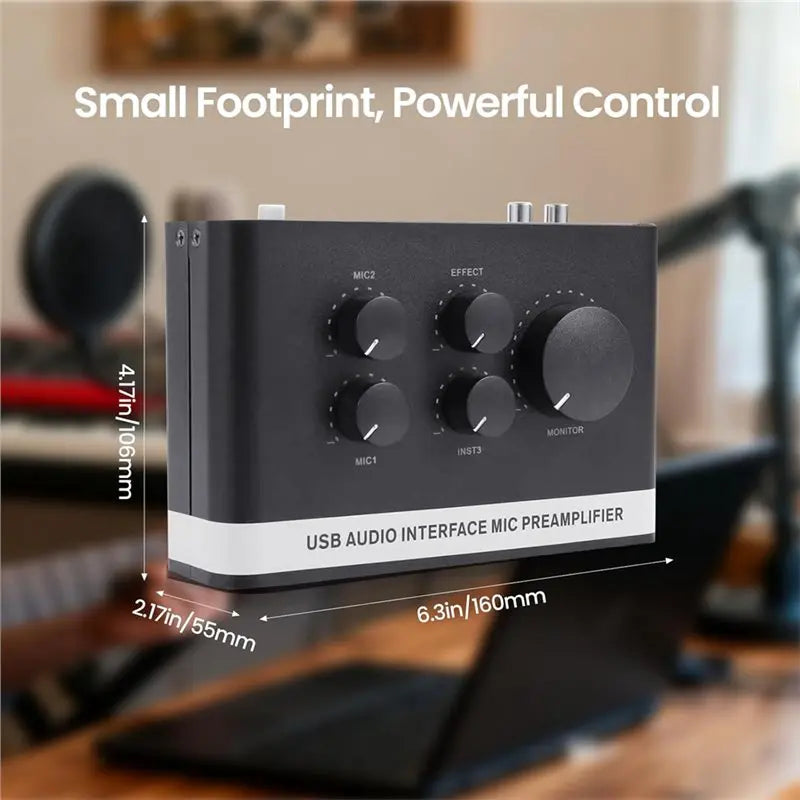 Black usb audio interface mic preamplifier with four rotary knobs and phantom power for recording live streaming podcasting