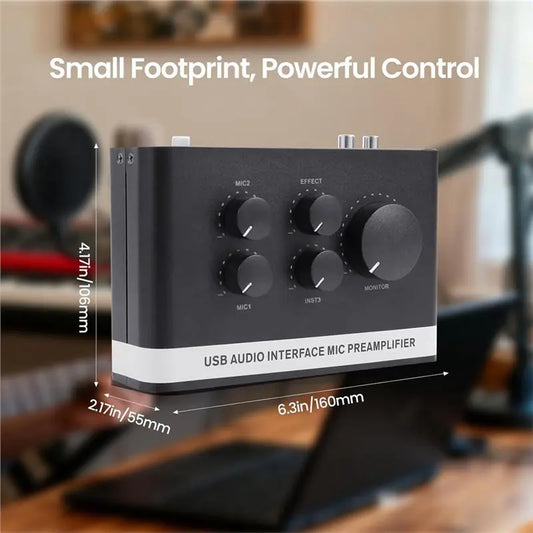 Black usb audio interface mic preamplifier with four rotary knobs and phantom power for recording live streaming podcasting