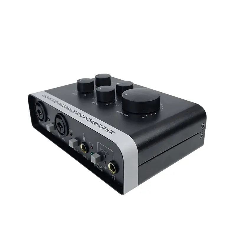 Black usb audio interface with silver trim featuring mic preamplifier phantom power for recording live streaming podcasts