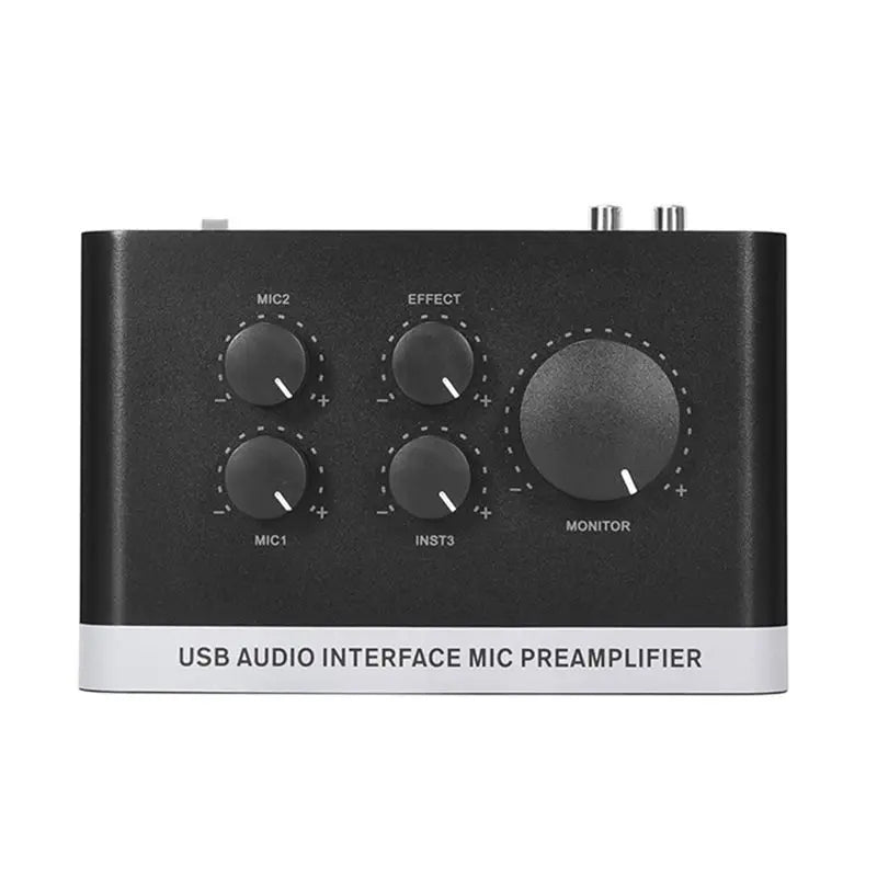 Black usb audio interface mic preamplifier phantom with four control knobs silver labeling studio compatible usb for recording live streaming