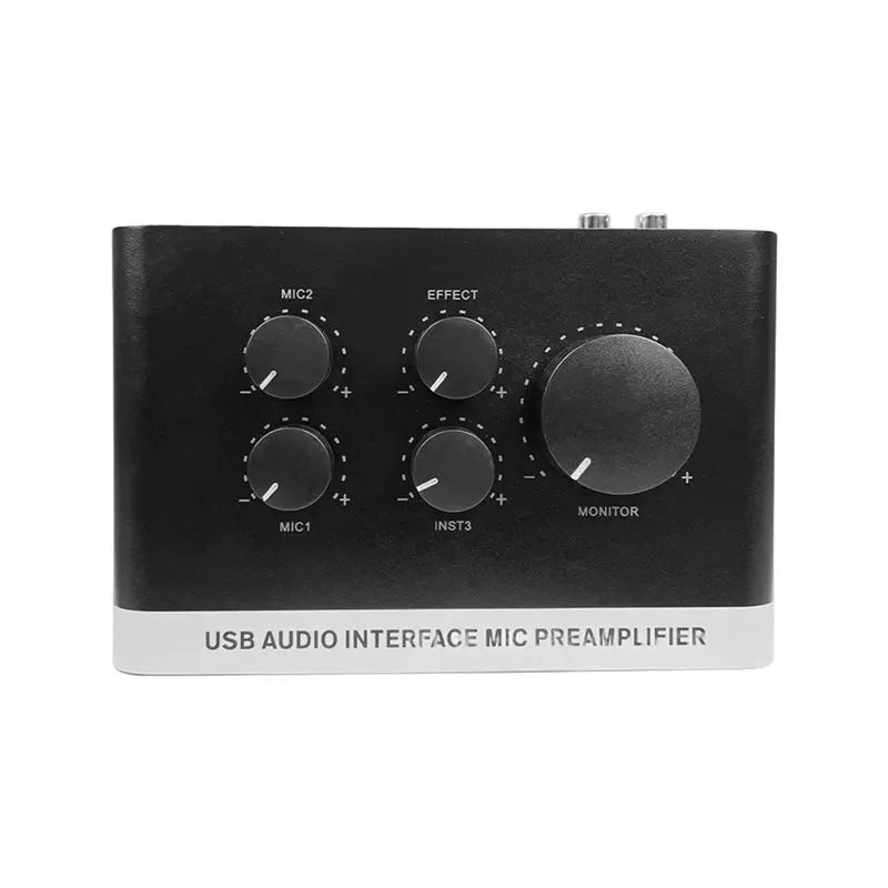 Black usb audio interface mic preamplifier with five rotary knobs studio compatible usb for recording live streaming phantom power