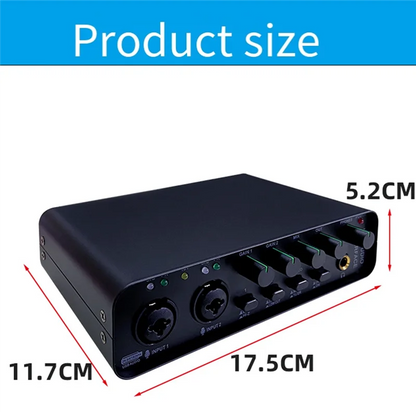 Black rectangular audio interface with multiple ports and knobs for studio singing microphone and electric guitar monitoring