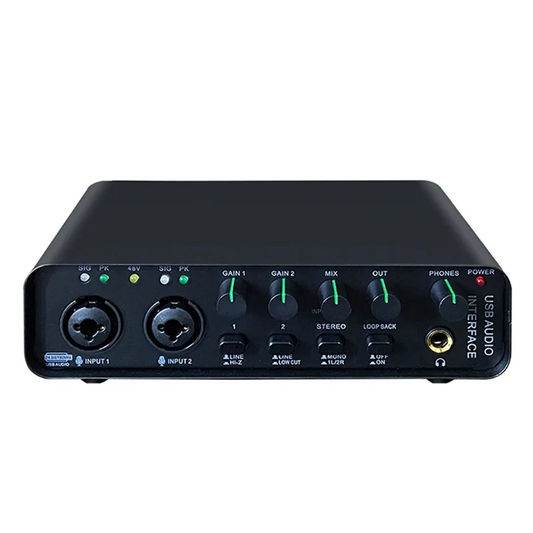 Black usb audio interface with two xlr inputs gain knobs stereo mix controls and headphone jack for studio singing microphone and electric guitar monitoring
