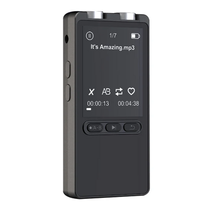 Black rectangular digital sound recorder pen with touchscreen playback controls and dictaphone mic denoise feature
